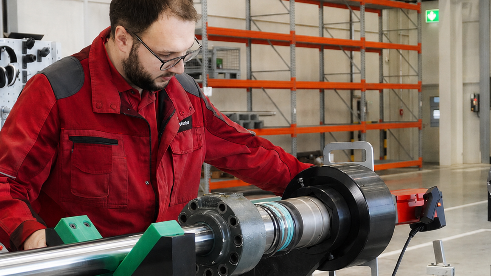 A technician in a red jacket inspecting a rebuilt hydraulic cylinder on a shop test rig